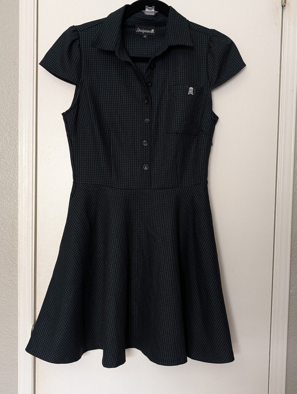 Sourpuss Black Mini Collared Dress with Subtle Checked Print Skull Small
